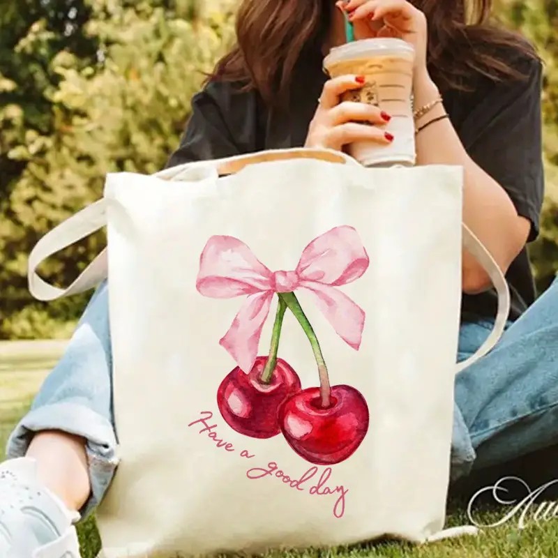 Shopper Tote Canvas - チェリーリボンデザインのキャンバストートバッグ、Have a Good Day カジュアルファッションハンドバッグ、洗濯機で洗えます、耐久性のあるキャンバス素材