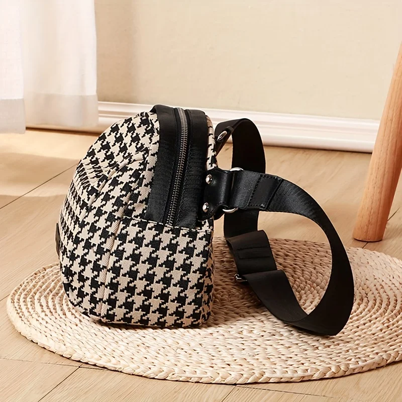 Women Bags Zip - 女性用千鳥格子キャンバスバッグ、調節可能なストラップ、安全なジッパー、刺embroideredのディテール、旅行に最適、毎日使用するチェストバッグ、用途の広い