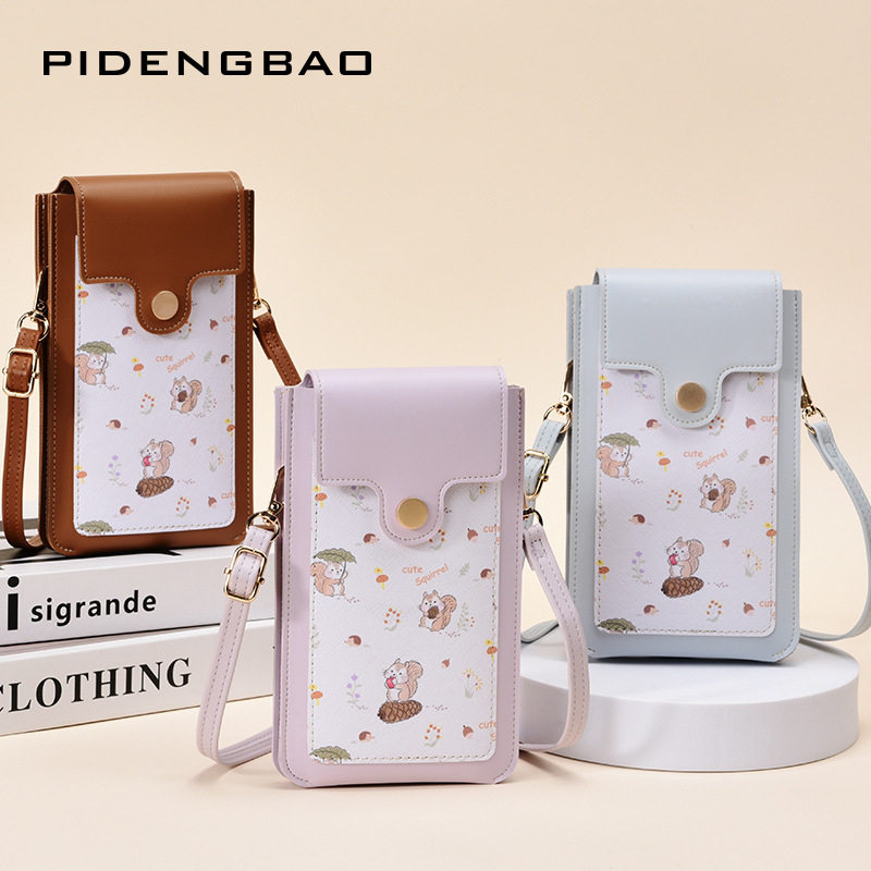 Women Bags Leather - 新しいかわいいリス柄タッチスクリーン女性クロスボディ電話バッグ薄型軽量シングルショルダー Kuaba スリングバッグ収納ポーチ