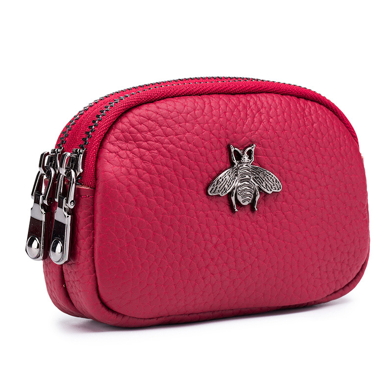 Women Bags Ck - 女性牛革ダブルジッパーポータブル財布バッグ蜂カード Hoder 口紅ケース革ミニイヤホン小銭入れ女性のための