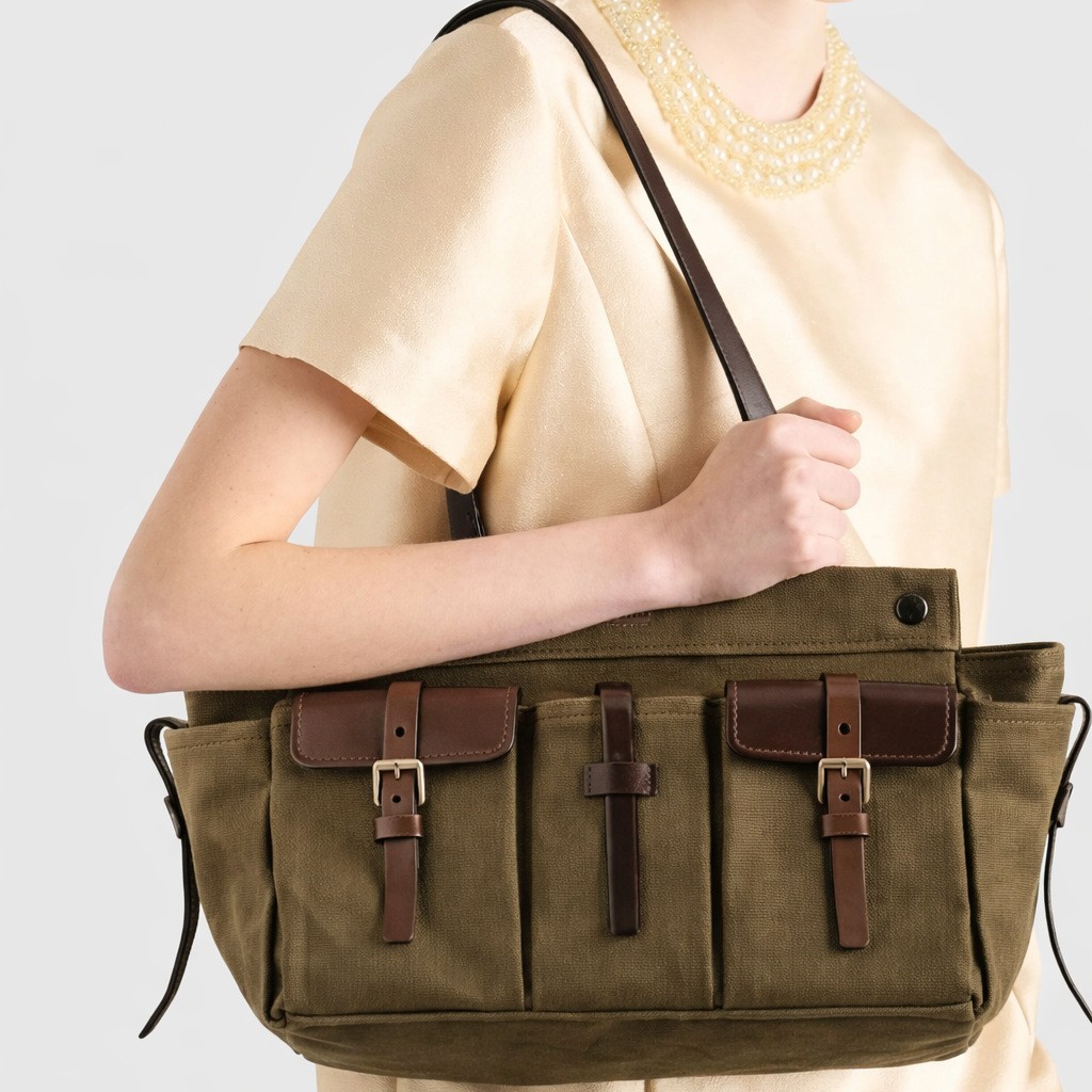 Shopper Tote Canvas - 女性用キャンバスハンドバッグ ショルダーバッグ 大容量 アーミーグリーン マルチポケットトートバッグ すべての大人に適しており、通勤に最適