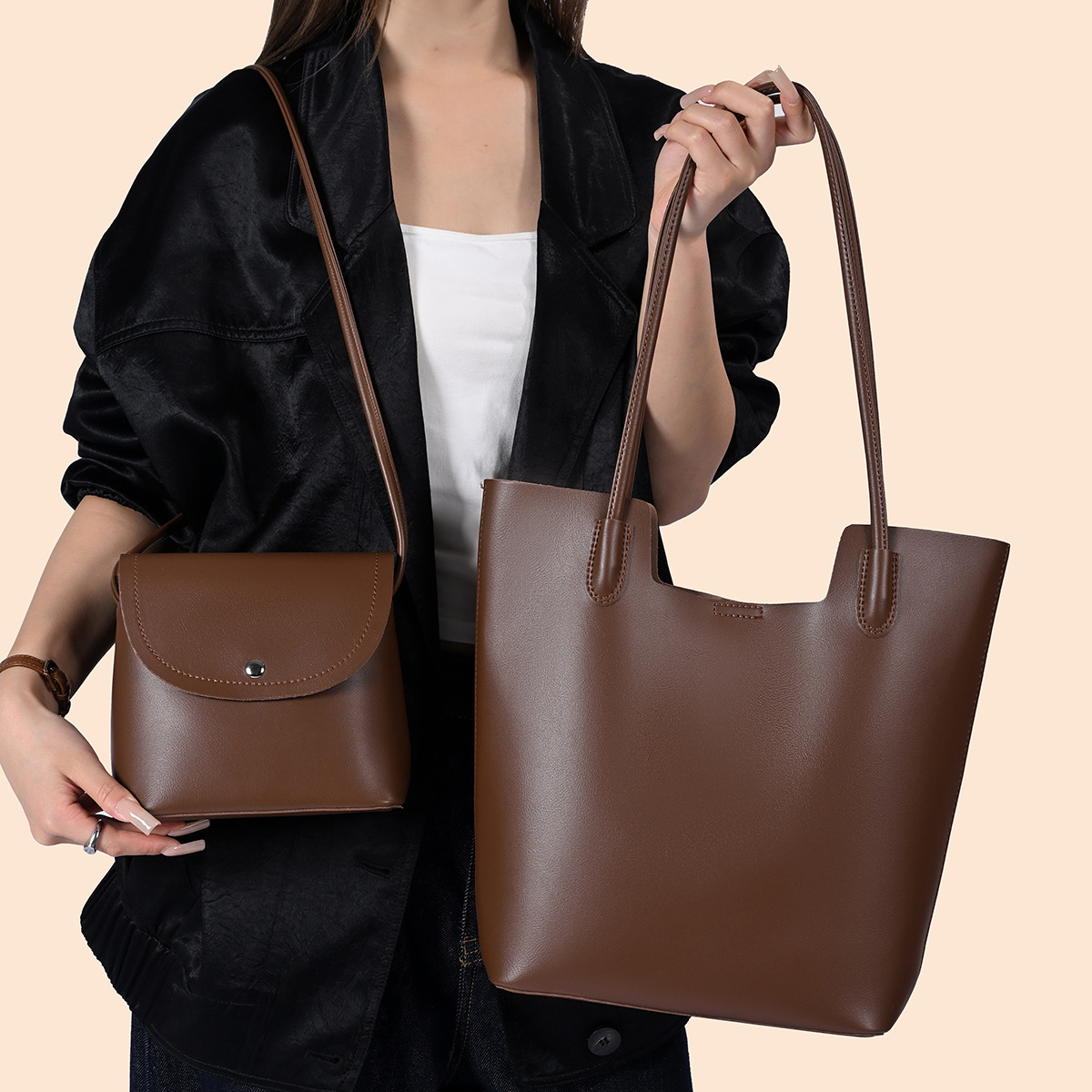 Women Bags Leather - レディース用PUレザー製ショルダーバッグ、メッセンジャーバッグ、コンポジットハンドバッグの2点セット。普段使いに最適な大容量トートバッグ。