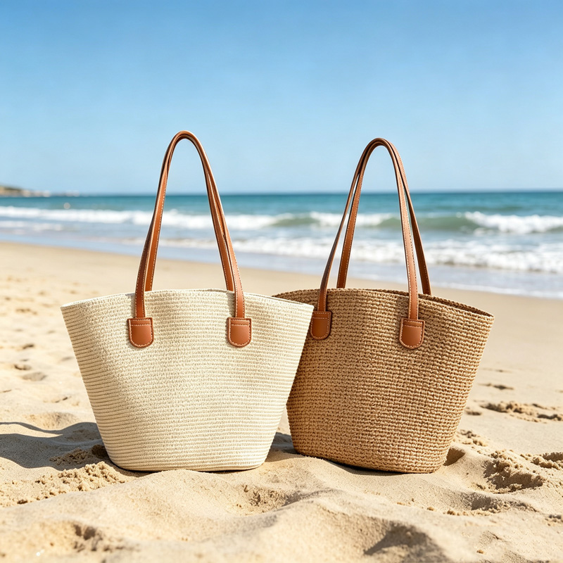 Women Bags Leather - CLAREGQI レディース ソリッドカラー ストロー トートバッグ 大容量