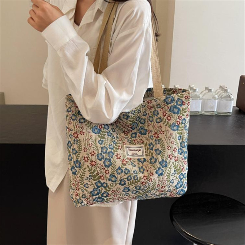 Women'S Work Bags Tote - 刺繍花柄キャンバスハンドバッグ、繊細な花柄トートショルダーバッグ、女性用、カジュアルなお出かけ、仕事、日常の必需品