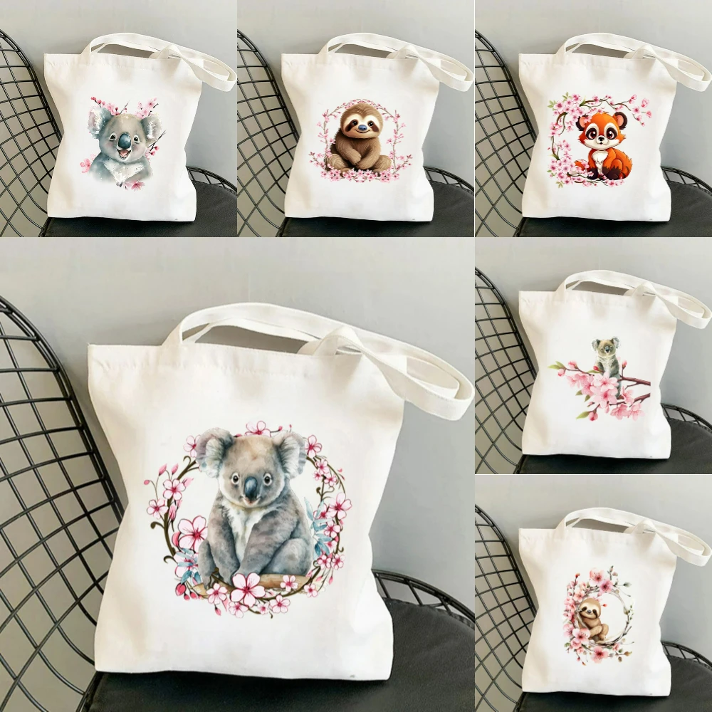 Shopper Tote Canvas - 1pc コアラ桜プリントキャンバストートバッグ環境に優しい再利用可能な広々としたバッグ学校旅行ヨガトートバッグ日常使用
