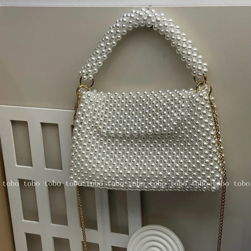 Women Bags With Wallet - 女性のための真珠の財布,透かし彫りのトートバッグ,レトロ,インナー,ゴージャスなゴールドチェーン,クロスボディバッグ