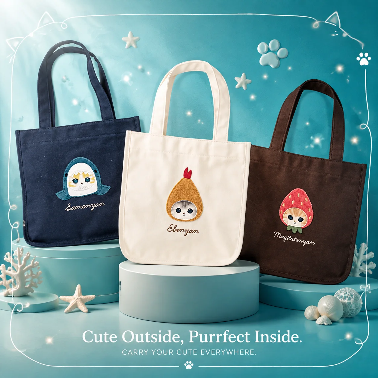 Shopper Tote Canvas - 日本のモフサンド風のかわいいサメ猫の漫画柄手作りキャンバスショルダートートバッグ、女性・女の子向けのかわいいハンドバッグ