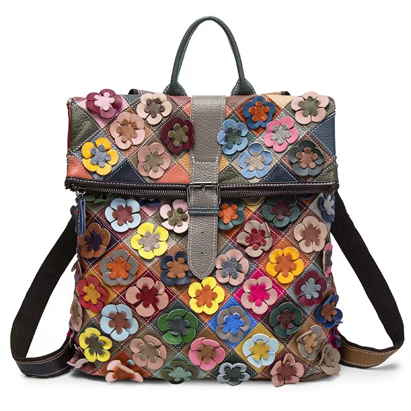 ヴィンテージ女性本革バックパックフラワーリアル牛革ショルダー - Women Bags Leather のレビューと価格