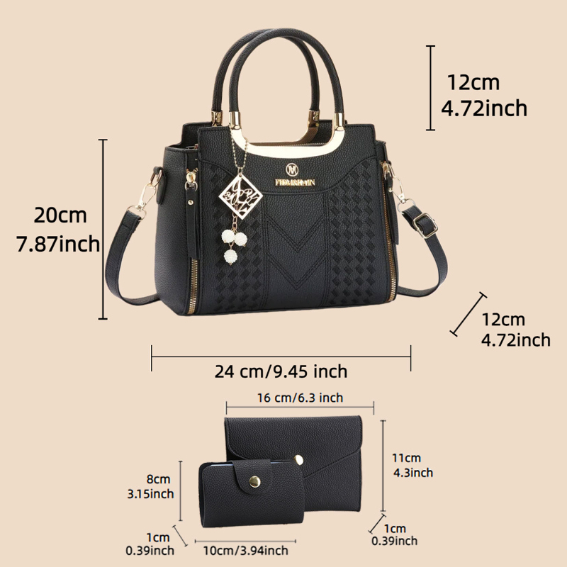 ライチ柄PUレザー製の3ピースハンドバッグセット。 この無地 - Women Bags Leather のレビューと価格